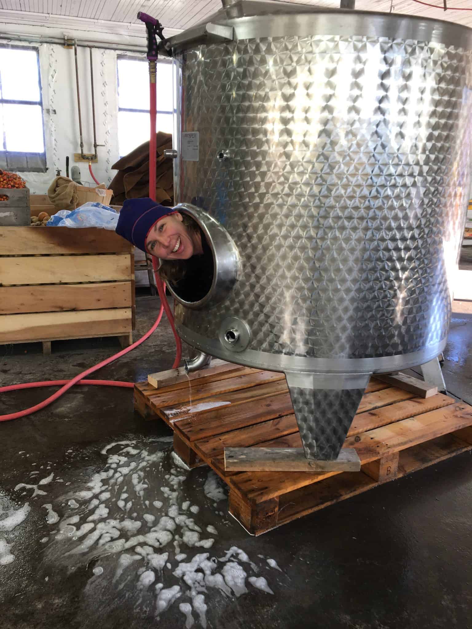Washing tanks in the cidery.